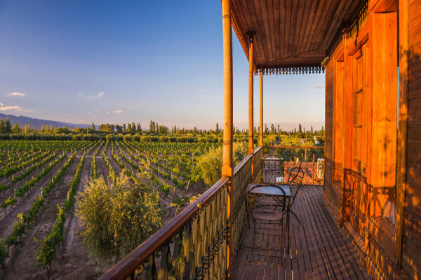 Balcony overlooking vineyards at Resort Club Tapiz, a Bodega (winery) in the Maipu area of Mendoza, Mendoza Province, Argentina